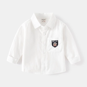 Minimalist white cotton long-sleeve shirt for boys with cartoon bear embroidery pocket