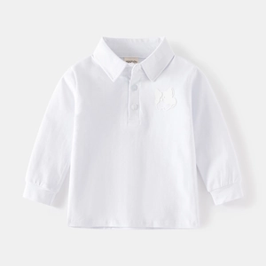 Detail of white cotton long-sleeved polo shirt with ribbed cuffs and 3D cartoon embroidery