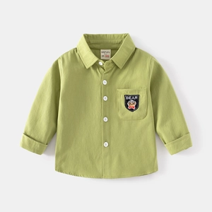 Kids long sleeve avocado green cotton linen shirt with embroidered bear pocket decor