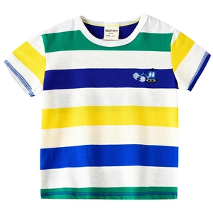 T-shirt enfant en coton à rayures arc-en-ciel avec broderie d'excavatrice bleue