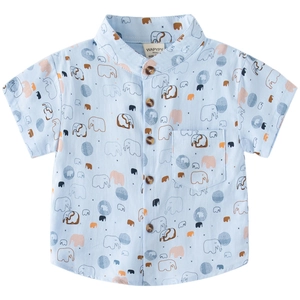 Boys short sleeve light blue shirt featuring colorful hand-drawn elephant prints