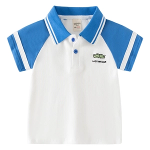Polo pour garçon en coton à blocs de couleurs avec col rayé et broderie dinosaure