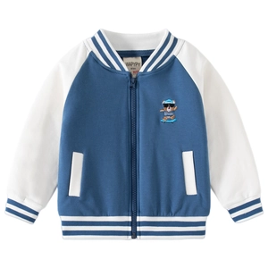 Giacca da baseball per bambini blu scuro e bianca con ricamo a orsetto e polsini a righe