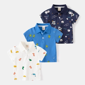 Three-pack kids cotton polo shirts featuring dinosaur and space prints in assorted colors