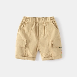 Boys khaki cargo shorts with elastic waist and colorful embroidery for summer comfort