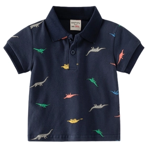 Polo bleu marine pour garçon à manches courtes avec imprimé dinosaures colorés