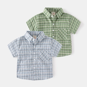 Toddler Boys Casual Short Sleeve Plaid Shirt Cotton Button Down Top Sky Blue Green Checkered Blouse Summer Kids Clothing