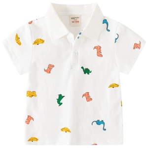 White short-sleeved kids polo shirt with colorful dinosaur prints and classic collar