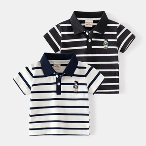 Polo a Strisce da Ragazzo Manica Corta in Misto Cotone Orso Ricamato Top Casual Estivo Stile Coreano Traspirante