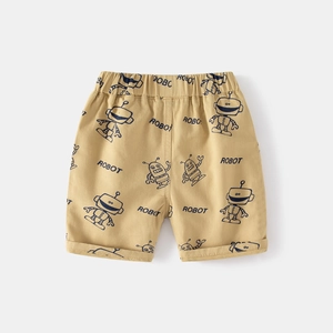 Vue détaillée du short kaki enfant avec taille élastique et motifs de robots imprimés