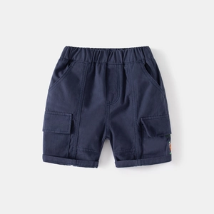 Detail of navy blue cargo shorts featuring an elastic waistband and letter embroidery