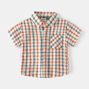 Classic orange and teal plaid short sleeve cotton shirt for toddler boys with front buttons