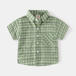 Classic green and white plaid kids short sleeve cotton shirt with chest pocket