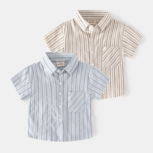 Chemise à Manches Courtes en Coton 100% pour Garçons Décontractée à Rayures Col Rabattu Haut Avec Poche Avant Style Coréen Vêtements Été