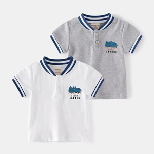 Boys Summer Short Sleeve Polo Shirt Cotton Cartoon Rhino Printed V Neck Top Casual Children Breathable Slim Fit Apparel