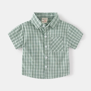 Boys green and white checkered short sleeve cotton shirt with front pocket and buttons