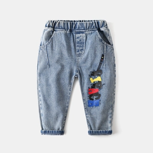 Boys Fashion Washed Blue Denim Jeans Comfortable Elastic Waist Cartoon Letter Print Casual Long Pants For Children