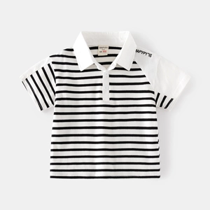Classic kids black and white striped cotton Polo shirt with short sleeves and buttons