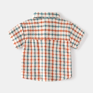 Classic orange and blue checkered short sleeve cotton shirt for boys, back view layout