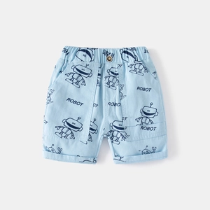 Short enfant en coton bleu clair avec motifs robots et taille élastiquée