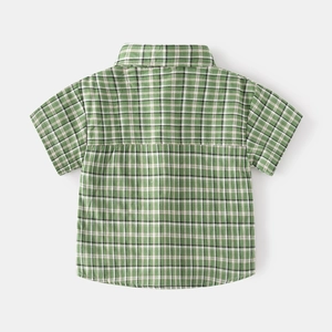 Classic green plaid short sleeve kids shirt featuring breathable cotton back view detail