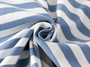 Close-up of soft blue and white striped cotton knit fabric for boy's polo shirt