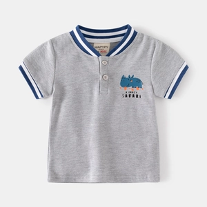 Short sleeve light gray baby polo shirt with striped collar and blue rhino print