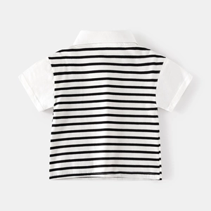 Classic black and white striped kids short sleeve polo shirt with white collar detail
