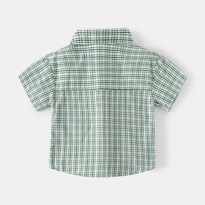 Green and white checkered short sleeve cotton shirt for boys in casual style