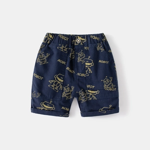 Détail du short bleu foncé pour garçon avec motif robot, taille élastique et revers