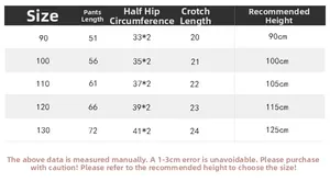 Detailed size chart for kids fashion denim jeans with measurements from 90cm to 130cm