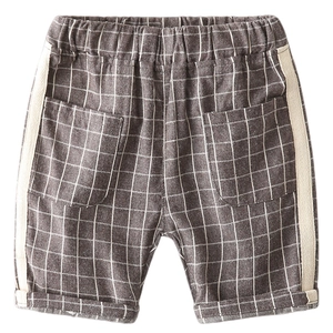 Toddler boys classic plaid cotton shorts with elastic waistband and decorative side stripes