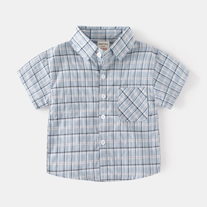 Classic blue and white plaid short-sleeved cotton shirt for boys with a chest pocket