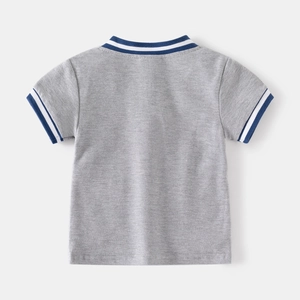 Classic grey boys' short-sleeved polo shirt with blue striped ribbed collar and cuffs