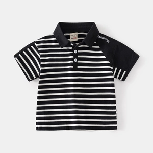 Boys short sleeve striped polo shirt with contrast collar and black panels