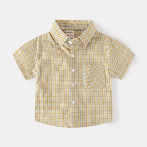 Short-sleeved yellow and blue checkered cotton shirt for boys with a classic collar