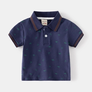 Kids navy polo shirt with green dinosaur prints and brown striped collar detailing