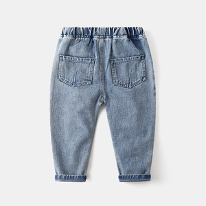 Fashionable boys blue stone washed denim jeans with elastic waist and back pockets