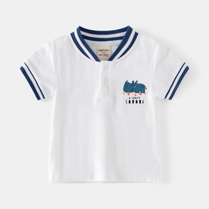 Short-sleeved white cotton Polo shirt for boys with cartoon rhino print and V-neckline