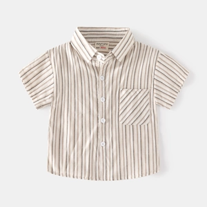 Chemise classique à manches courtes à rayures verticales beiges pour garçons avec poche