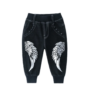 Kids Boys Denim Jogger Pants Wing Print Elastic Waist Jeans Streetwear Casual Autumn Pants Children Bottoms Cotton Blend