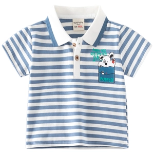 Classic blue and white striped kids short sleeve polo shirt with cute puppy print