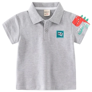 Boys grey cotton polo shirt with green ROAR embroidery and red dinosaur graphics