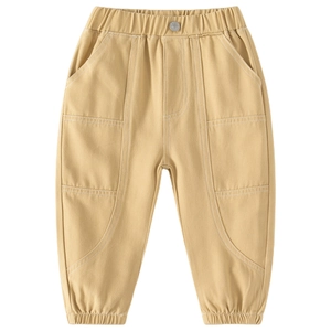 Kids casual khaki cargo pants with elastic waist and ribbed cuffs for spring season