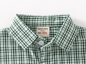 Close-up of baby green plaid shirt collar featuring WAPYPY woven label and white buttons