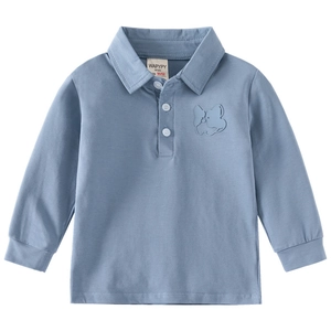 Toddler boys long sleeve polo shirt in dusty blue featuring a small french bulldog embroidery