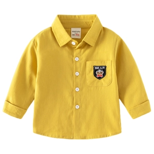 Bright yellow long-sleeve cotton shirt for boys with a cute bear embroidery pocket
