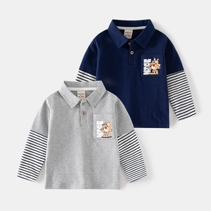 Boys Long Sleeve Polo Shirt Fake Two-Piece Striped Sleeve Cotton Blend Cartoon Dog Print Casual Autumn Top For Children