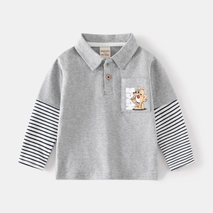 Kids grey faux two-piece polo shirt with striped sleeves and cartoon dog print