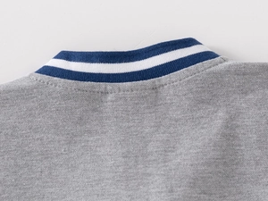Detailed close-up of gray boy's polo shirt featuring blue and white striped ribbed V-neck collar